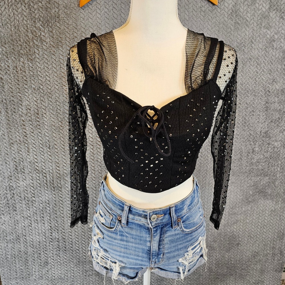 Going Out Black Rhinestone Mesh Long Sleeve Corset Crop Top Lace Up Medium Edgy
